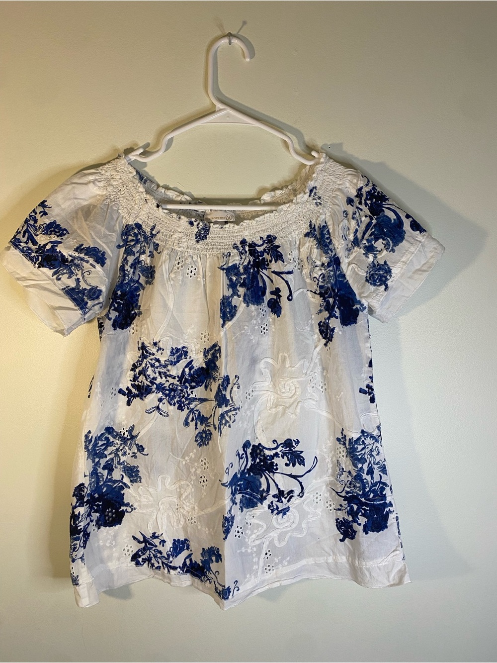 Westport White and Blue Floral Eyelet Off-Shoulder Blouse
